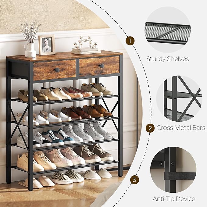 5 Tier Shoe Rack, Large Capacity Shoe Storage Organizer, Metal Shoe Shelf with Drawer and Wooden Top, for 20 Pairs of Shoes, for Entryway, Closet, Rustic Brown and Black SS25BRY1N1-NeatNest