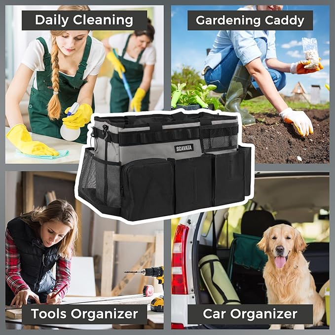 Wearable Cleaning Caddy Bag, Cleaning Caddy Supplies Organizer with Handle & Shoulder Straps for Housekeepers, Under Sink & Car Cleaning Tool Organizers with 4 Foldable Divider (Grey)