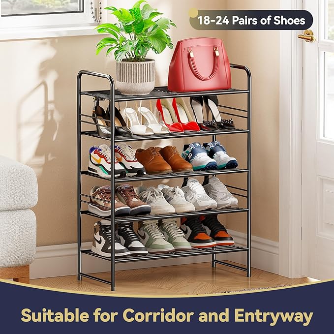 5-Tier 27” Wide Shoe Rack for Closet, Metal Stackable Shoe Shelf Organizer, Holds 18 Pairs Large Capacity, Black-NeatNest