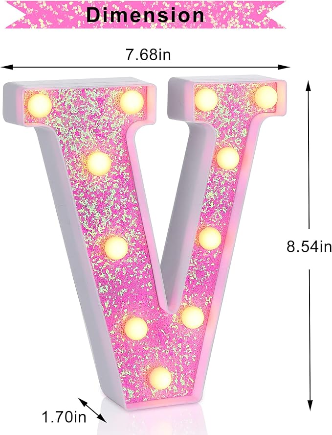Foaky Pink Light up Letters,Pink Party Decorations,Girls Room Decor,Glitter Light Up Letters,Alphabet Letter Sign for Night Light Birthday Party Girls Gifts, Home Bar Decoration(V)-NeatNest