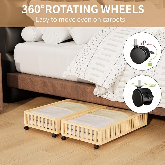 Bamboo Under Bed Storage with Wheels (2-Pack) – Rolling Underbed Shoe Organizer Box for Shoes, Blankets, Toys, Clothes Container Space-Saving Organizer Bins for Bedroom, Closet, Dorm, Nursery-NeatNest