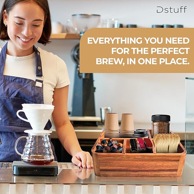 Dstuff Acacia Wood Coffee Station Organizer for Countertop, Tea Organizer and Holder, Coffee Bar Caddy with Multiple Compartments for Home and Office Decor-NeatNest