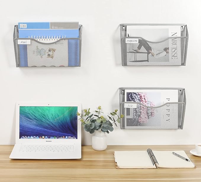 EasyPAG 6 Pack Wall File Holder with Label Panel, Single Mesh Hanging File Organizer for A4 Letter Size Paper, Wall Mount Paperwork Basket for Office, Home, School, Silver
