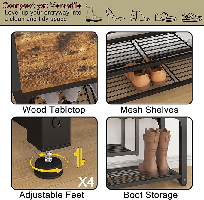 HOMEFORT Shoe Bench,3 Tiers Shoe Rack Bench,31.5" Shoe Storage Bench for Entryway, Retro Industrial Entry Bench with Mesh Shelves and Boot Storage,for Front Door Entrance, Rustic Brown