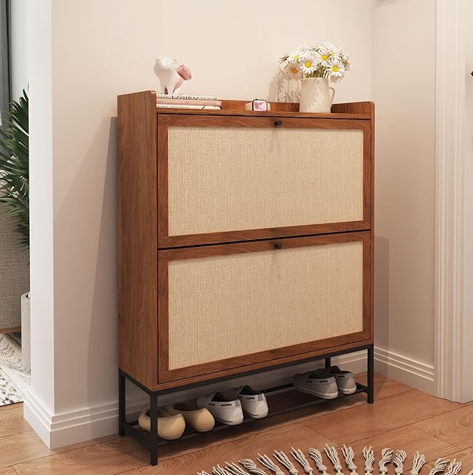 AVZEAR Freestanding Shoe Organizer with 2 Flip Drawer Doors, Entryway & Closet Shoe Storage, Linen Doors, Walnut-NeatNest