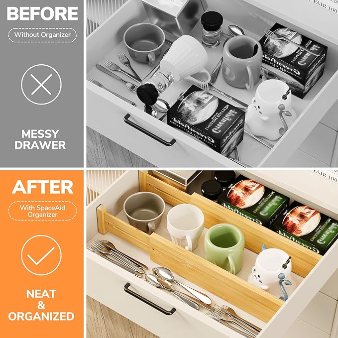 BAMEOS 4 pcs 3" High Bamboo Drawer Dividers Adjustable Drawer Organizer Expandable Drawer Organization Utensil Organizers for Kitchen Dresser Bathroom Bedroom and Office-NeatNest