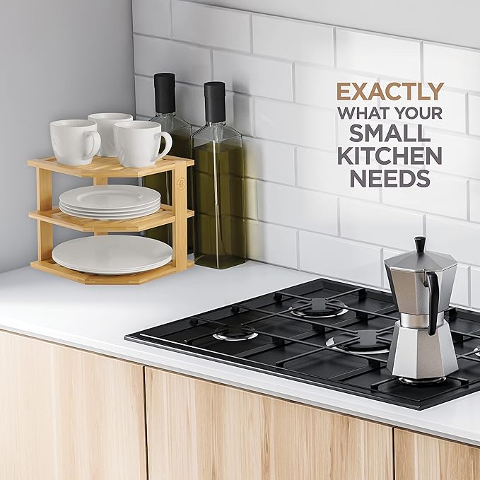 Cabinet Organizer Shelf - Bamboo Corner Rack for Kitchen Counter, Cabinet Space Saver for Plates, Dishes, Bowls, Bread - Pantry and Bathroom Storage or Countertop - Useful Home & Housewarming Gift-NeatNest