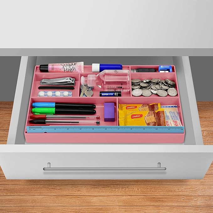 Acrimet Desk Drawer Organizer Tray with 8 Compartments – Multi-Purpose Bin for Office Supplies, Makeup, and Accessories – Fits inside Drawers or Desktops, 12.75" x 8" x 1.06" (Plastic) (Pink Color)-NeatNest