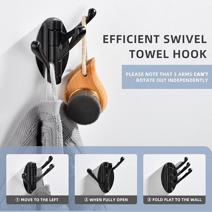 Angle Simple Towel Hook Matte Black 2 PCS, Metal Swivel Folding Robe Hook, Hand Towel Holder, Heavy Duty Clothes Hanger for Bathroom RV Wall Mount