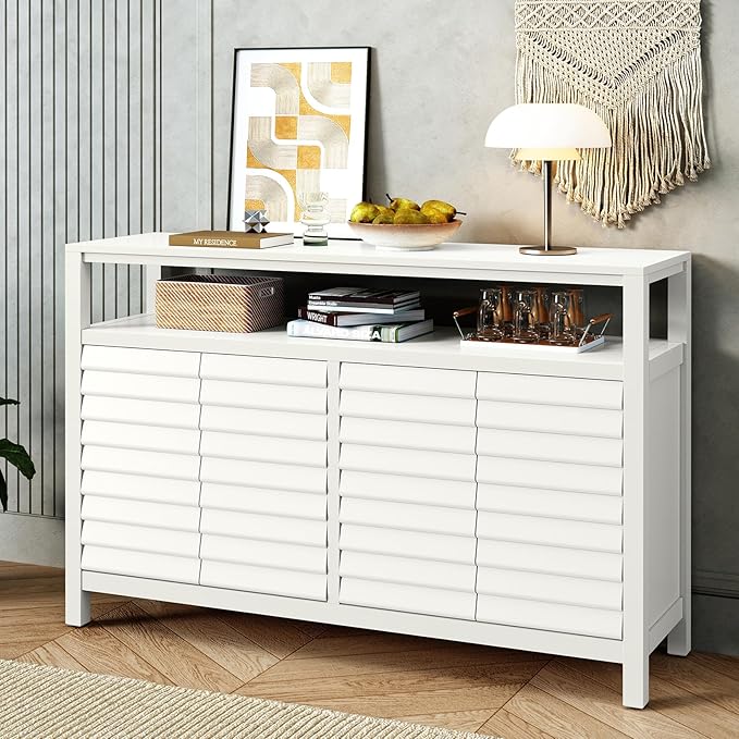 HLR Bathroom Floor Storage Cabinet, Farmhouse Sideboard with Decorative Louvered Doors, Bathroom Storage Unit with 4 Doors & Shelves, Freestanding Credenza for Dining Room, Living Room, Hallway, White-NeatNest