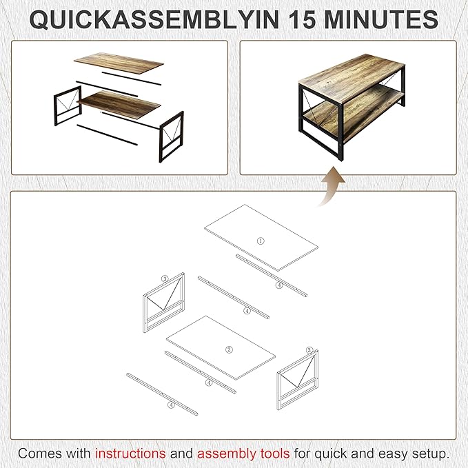 Rectangle Coffee Table Tea Table with Storage Shelf, Farmhouse Wooden Coffe Table for Living Room Table, 40" Rustic Center Table 2-Tier Minimalist Coffee Table Easy Assembly (Natural Wood)-NeatNest