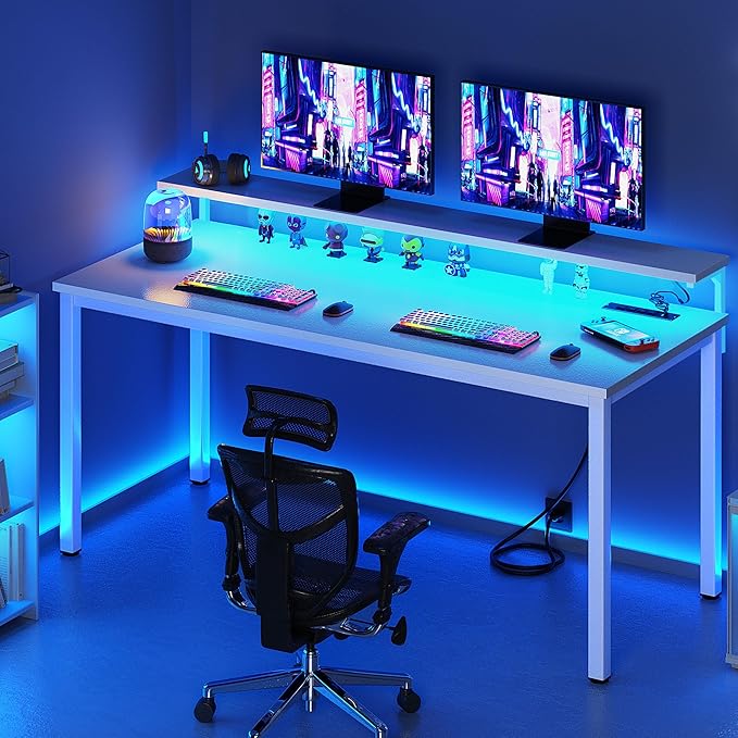 Need 60 inch Computer Desk with LED Lights & Power Outlets, Large Home Desk with Monitor Shelf, Writing Table Gaming Desk Home Office Desk, White-NeatNest
