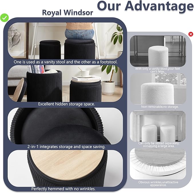 Royal Windsor Round Ottoman with Storage Set of 2,Vanity Stool with Storage for Bedroom, Ottoman Coffee Table,Small Velvet Foot Stool for Living Room, Black