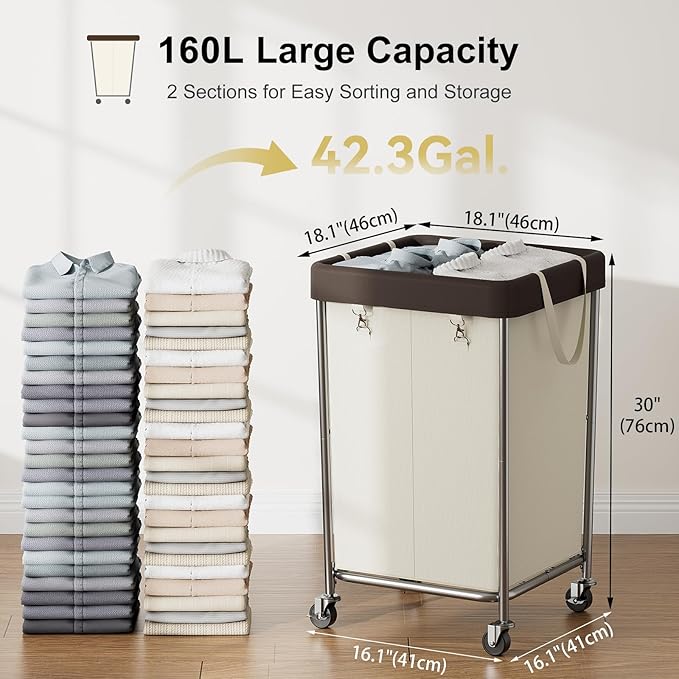 Chrislley 160L Laundry Hamper with Wheels, 2 Section Large Laundry Basket with Removable Bag, Steel Frame Dirty Clothes Hamper, Rolling Laundry Cart for Bedroom, Bathroom, Dorm, Hotel, Beige