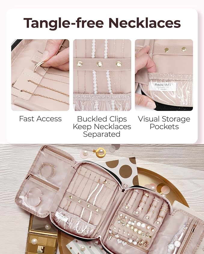 BAGSMART Jewelry Organizer Bag Travel Jewelry Storage Cases for Necklace, Earrings, Rings, Bracelet, Black-NeatNest