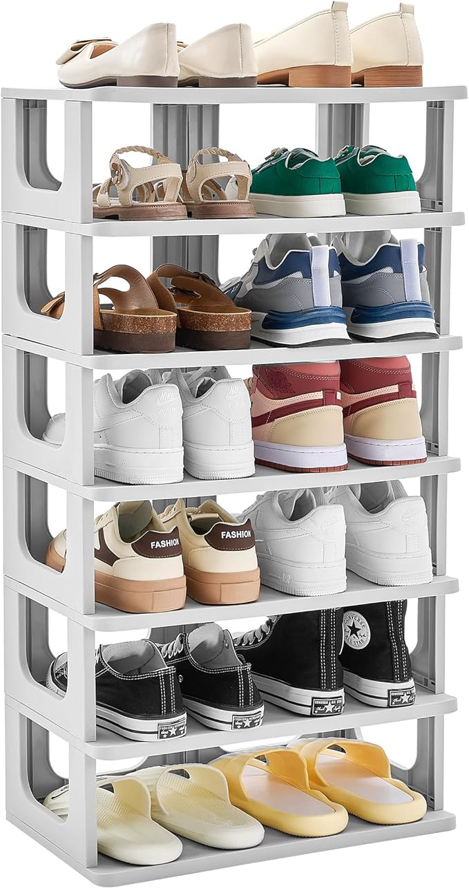 TRZZ 7-Tier Small Shoe Rack, Vertical Narrow Stackable Organizer with Removable Partition, Efficient Shoe Storage for Closet, Entryway, and Small Spaces (Grey)-NeatNest
