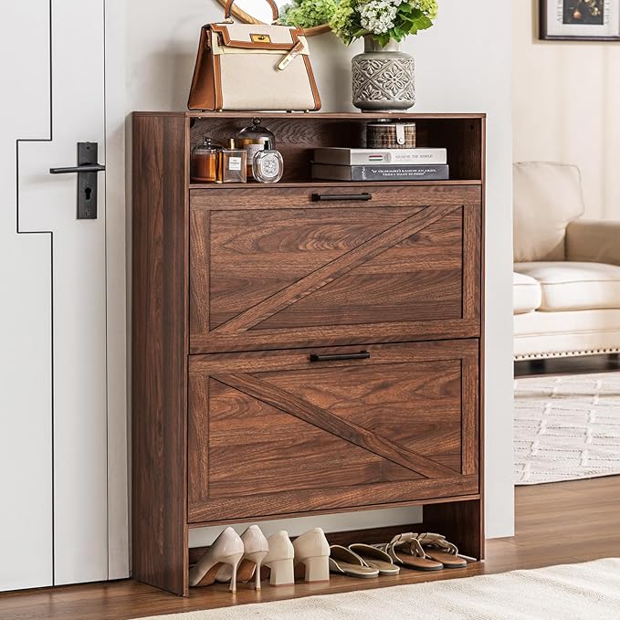 Shoe Storage Cabinet with 2 Flip Drawers,Farmhouse Narrow Shoe Organizer with Legs,Freestanding Hidden Slim Shoe Rack Cabinet with Open Storage for Entryway,Hallway, Foyer, Rustic Brown-NeatNest