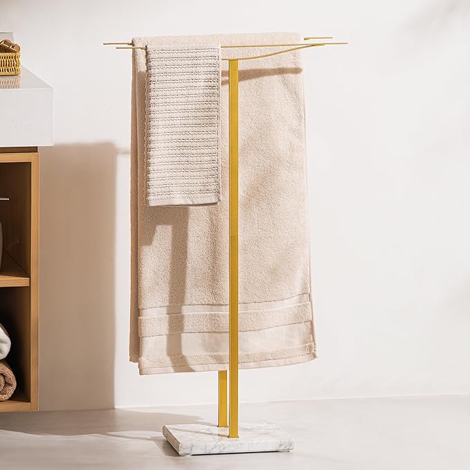 Bathroom Towel Rack Freestanding Floor Stand: Gold 36in 2‑Bar Weighted Marble Base Towel Holder, Rustproof 304 Stainless Steel Drying Rack for Bath&Hand Towels, No‑Drill Slim Organizer, Spa Pool