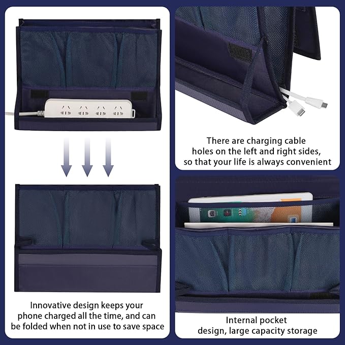 Bedside Storage Organizer with Power Strip Holder and Adjustable Straps Bed Hanging Bag for Home Bunk Bed Dorm Sofa (Navy Blue)-NeatNest