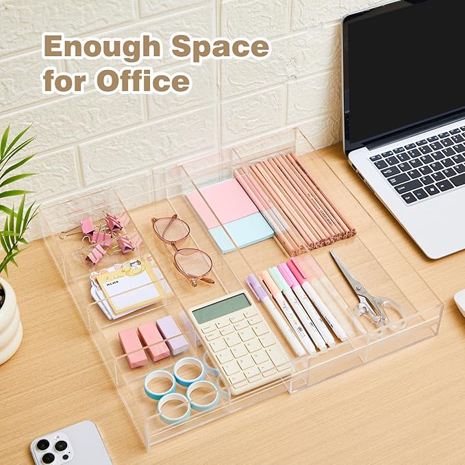 Acrylic Drawer Organizer Maximum 15.7 x 14.4 x 2.2 Inch Expandable Clear Drawer Organizer Pens Notebook Ruler Makeup Tray with 7 Adjustable Compartments for Desk Office Kitchen Bathroom