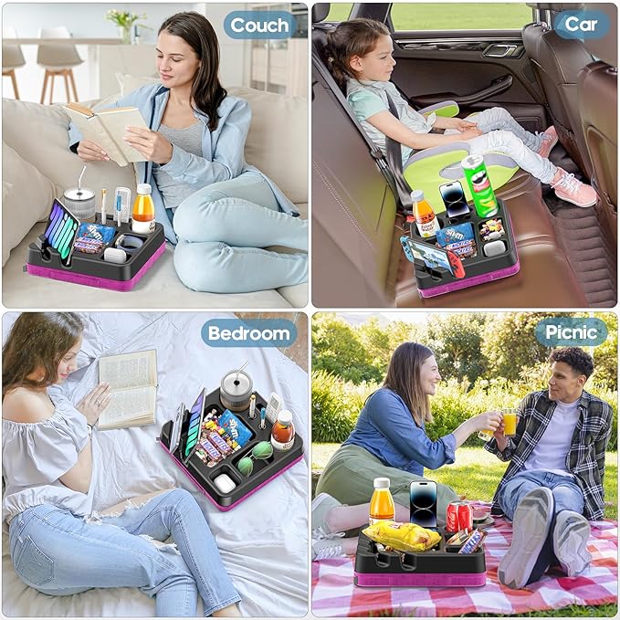 Couch Cup Holder Tray Couch Cup Holder Pillow Bed Tray Snack Sofa Bed Caddy Organizer Beach Sofa Drink Holder Anti-Spill Portable Snack Caddy Couch Remote Holder for Phone Pad Kindle Beverage Purple-NeatNest