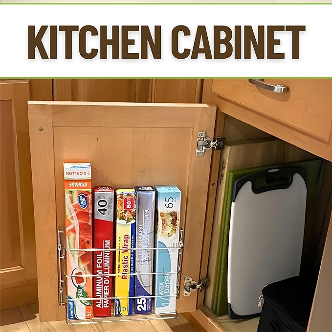 Evelots Kitchen Wrap Organizer - 4 Pack - Hold up to 4 Plastic, Foil, Paper, Wax - Cabinet Door, Wall Rack Basket - Sandwich, Freezer, Food Bag Storage - Laundry Supplies - Chrome Finished Metal