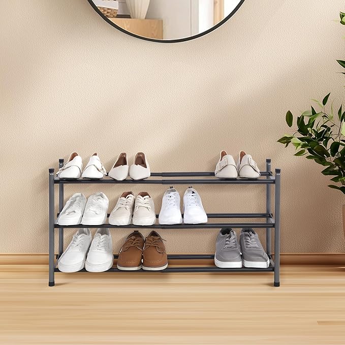 STORAGE MANIAC Expandable Shoe Rack, 12 Pairs Stackable Small Shoe Rack, Metal Adjustable Shoes Organizer for Closet, Entryway, Hallway, Garage, Front Door, Shoes Shelves, Black 3 Tier-NeatNest