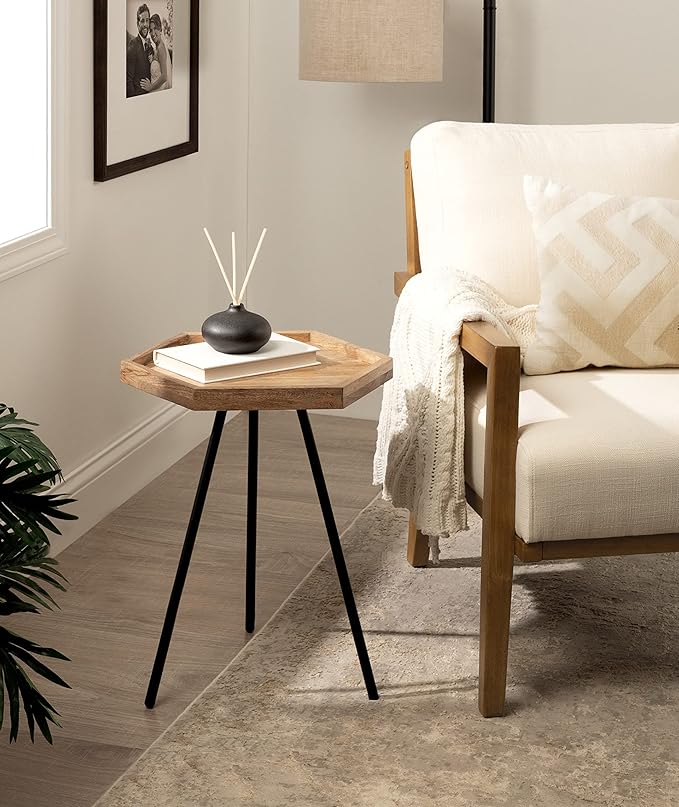 Kate and Laurel Kashvi Modern Hexagon Side Table; 17 x 15 x 20 Natural Wood and Black Decorative Geometric Farmhouse Bedroom Nightstand Table with Tripod Legs and Two Tone Finish