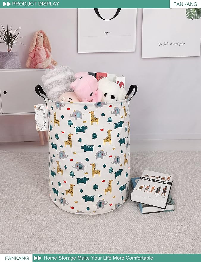 FANKANG Storage Basket, Nursery Hamper Canvas Laundry Basket Foldable with Waterproof PE Coating Large Storage Baskets for Kids Boys and Girls, Office, Bedroom, Clothes,Toys(Froest animals)