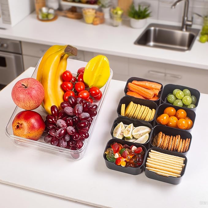 Divided Serving Tray with Lid and Handle - Snackle Box Charcuterie Container for Portable Snack Platters Organizer for Candy, Fruits, Nuts, Snacks - Perfect for Party, Entertaining, Black-NeatNest