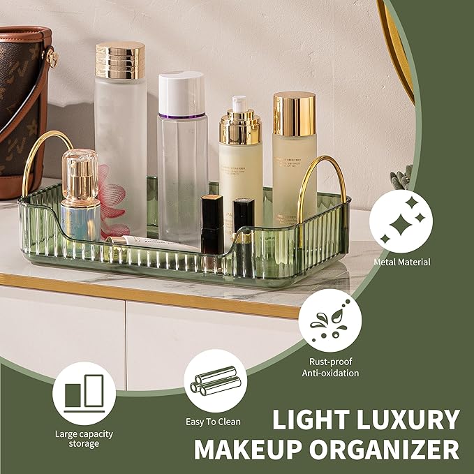 Bathroom Counter Organizer, Green, 11.8" L X 6.7" W X 4.5" H, Stainless Steel, PET, Modern Metal Handles, Smooth Edges, Large Capacity, Minimalist Design, Ideal Gift-NeatNest