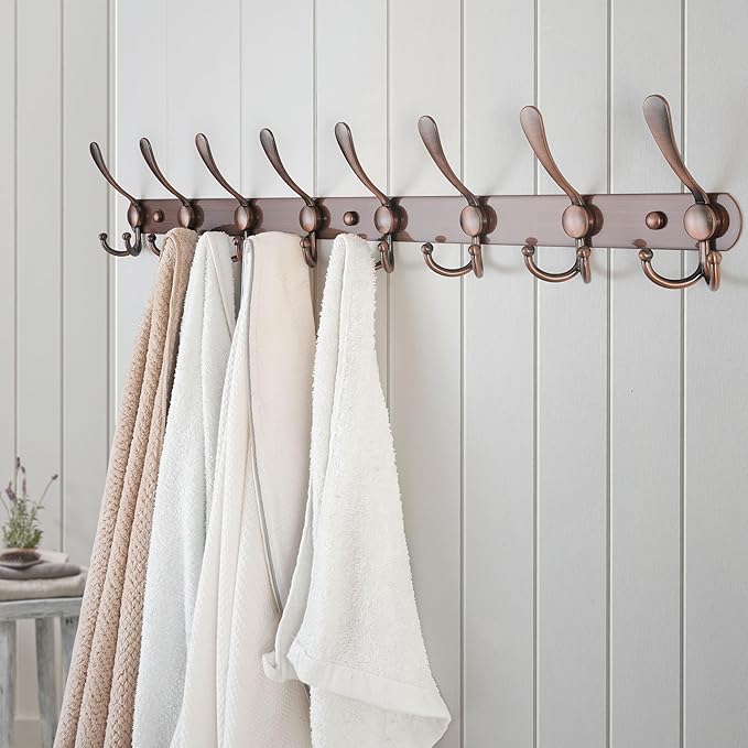 Dseap Coat Rack Wall Mount - 29.5” Long 8-Tri-Hooks Heavy Duty Coat Hanger Rail Wall Hooks for Hanging Coats Hats Clothing Clothes Purse Mudroom Entryway, Red Antique Copper-NeatNest