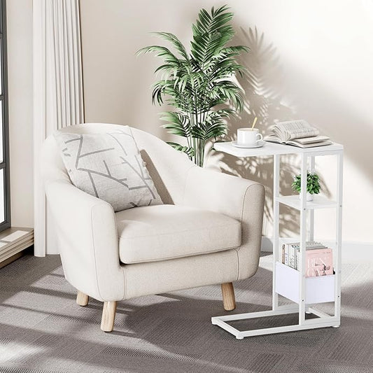C Shaped End Table, Small Side Table for Couch, Recliner, Slide Under Sofa Tray Desk Snack Tables with Storage Bag for Living Room,Bedroom, Small Spaces - White-NeatNest
