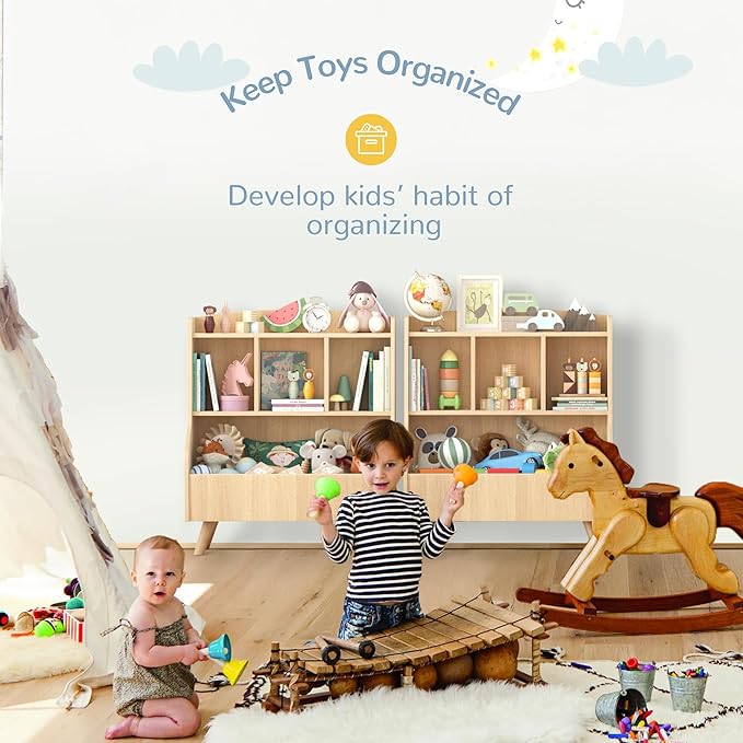 Curipeer Kids Bookshelf and Toy Storage, 3-Tier Wooden Bookcase, Baby Book and Toy Storage Display Organizer with Spacious Top Shelf for Children, Friends, Family, Natural Wood Color-NeatNest