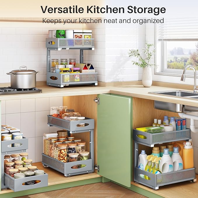 Under Sink Organizer, 2 Tier Pull out Cabinet Organizer Baskets with Mesh Sliding Drawers, Slide out Storage Shelf for Home, Kitchen, Bathroom, Pantry, Office, Countertop(1 Pack,Grey)-NeatNest
