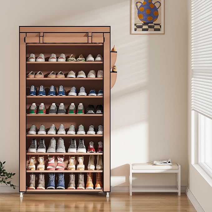 Laiensia 9-Tier Vertical Shoe Rack Organizer, Space Saving Shoe Storage Organizer, Non-Woven Cover Shoe Shelf Holds 36-45 Pairs for Bedroom, Hallway, Closet Entryway, Brown-NeatNest