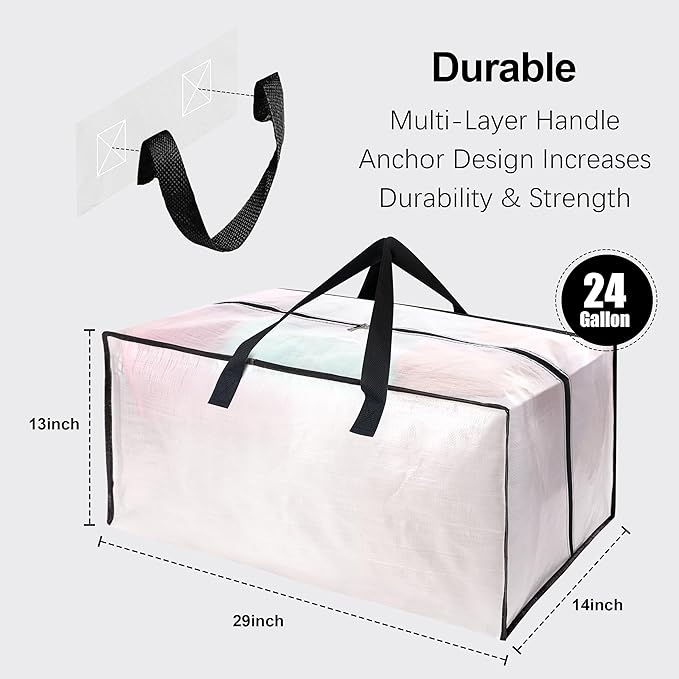 12 Pack Heavy Duty Large Moving Bags W/Backpack Straps - Strong Handles & Zippers, Storage Totes For Space Saving, Fold Flat, Alternative to Moving Box and Storage Bin, Semi-Transparent