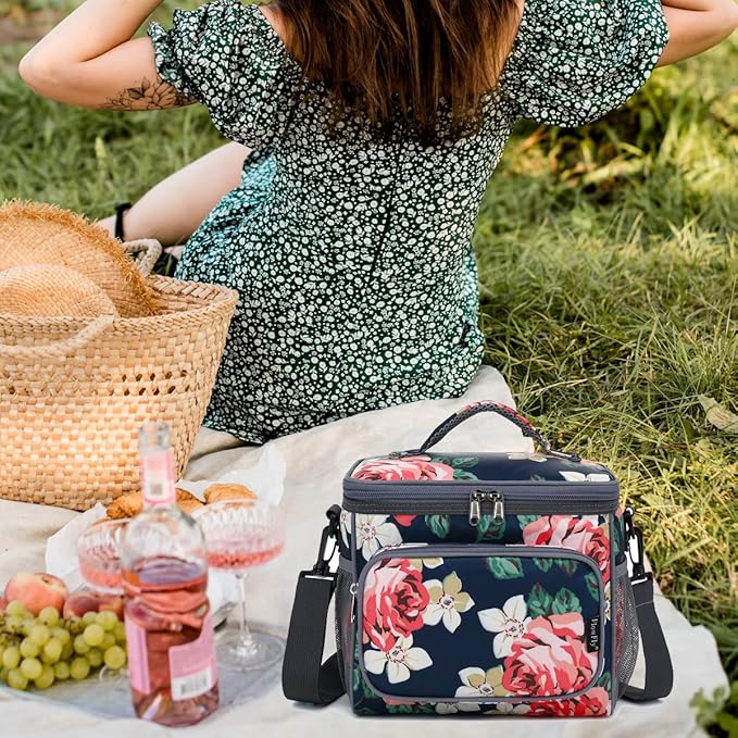 FlowFly Insulated Reusable Lunch Bag Adult Large Lunch Box for Women and Men with Adjustable Shoulder Strap,Front Zipper Pocket and Dual Large Mesh Side Pockets,Peony-NeatNest