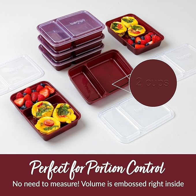 Bentgo 20-Piece Lightweight, Durable, Reusable BPA-Free 2-Compartment Containers - Microwave, Freezer, Dishwasher Safe - Burgundy-NeatNest