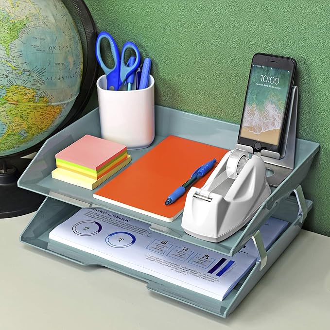 Acrimet Facility 2 Tier Letter Tray, Side Load, Letter Size/A4, Desktop File Organizer, Plastic (Solid Green Color)-NeatNest