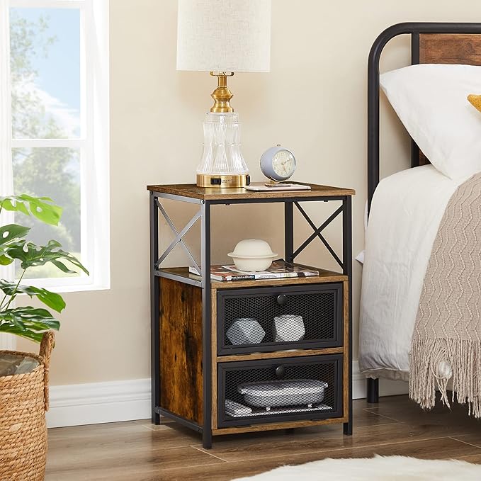 VECELO End Side Table, Modern Night Stand with Storage Space and Door, Set of 2 Nightstands for Living Room,Bedroom,Lounge,Rustic Brown