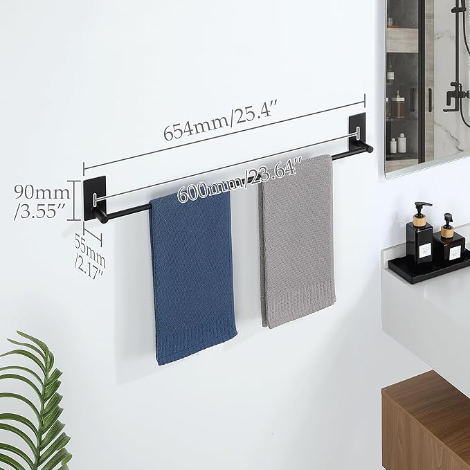 Alise Towel Racks for Bathroom, 24 Inch SUS 304 Stainless Steel Adhesive Towel Bar No Drill, Strong Adhesion Matte Black Towel Rack, Rustproof Bath Towel Holder