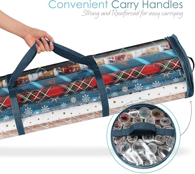 Hearth & Harbor Wrapping Paper Storage Container - Clear Wrapping Paper Holder Fits Up To 14 Rolls of 40" - Tear Proof Gift Wrap Organizer - Premium Bag for Easy Carrying, Blue-NeatNest
