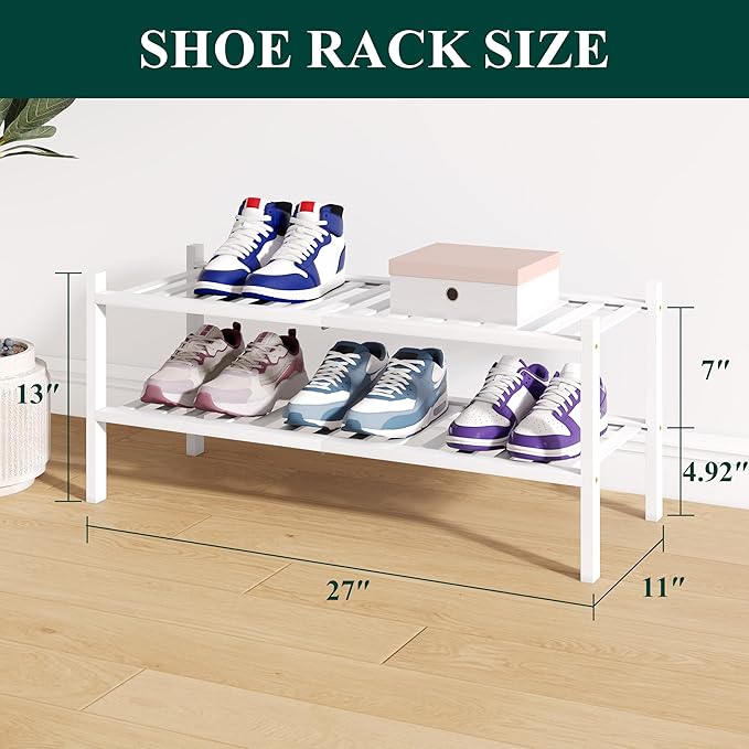 Smiry Bamboo Shoe Rack for Closet, 2 Tier Wooden Stackable Shoe Organizer, Free Standing Shoes Storage Shelf for Entryway, Front Door Entrance, White-NeatNest