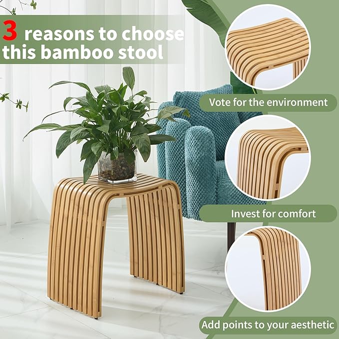 Bamboo Bathroom and Dining Stool, Bamboo Bench, Durable and Beautiful Designed for Bathroom Room, Dining Room, Living Room and Bedroom,