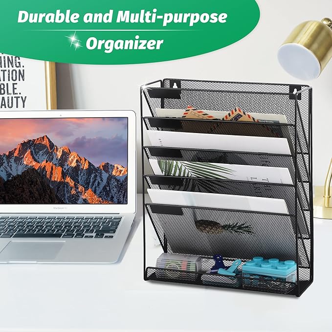 EASEPRES Desk File Organizer Mesh 6-Tier, Hanging Wall Mount Document Organization Stand, Desktop Vertical Mail Paper Folder Holder Rack with Bottom Tray for Office Home Cubicle Countertop, Black