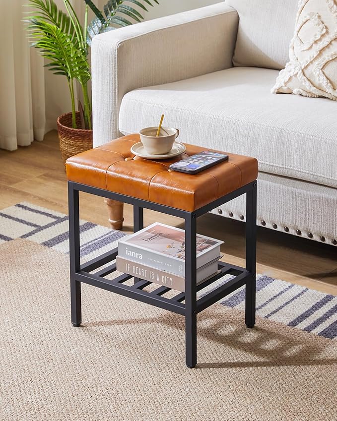 IBUYKE Rectangular Makeup Stool with Adjustable Feet and Storage Space, Footrest Chair, PU Vanity Seat, Multi-Use as Small Side Table or Ottoman, for Bedroom, Light Brown WBD017J