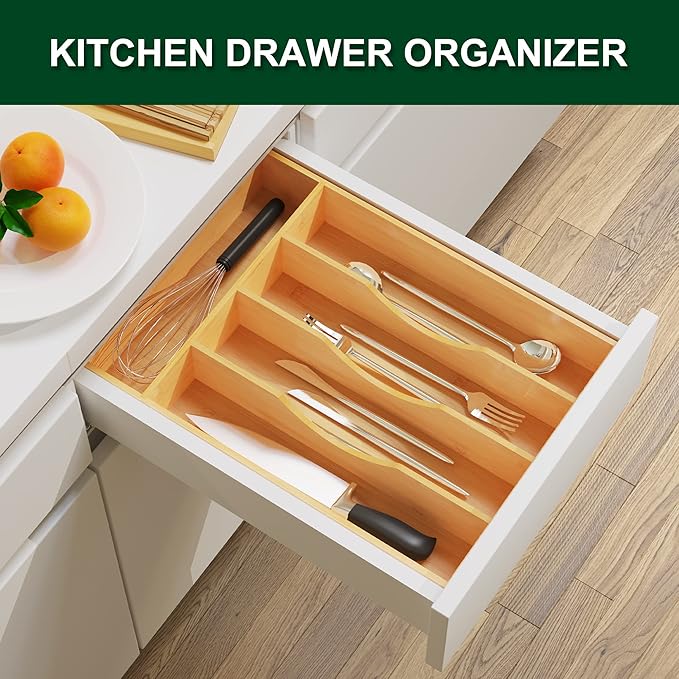 Bellsal Utensil Organizer 10 Inch Silverware Tray for Drawer Utensil Holder Cutlery Organizer Kitchen Drawer Organizer 5 Compartment Small Narrow Bamboo-NeatNest