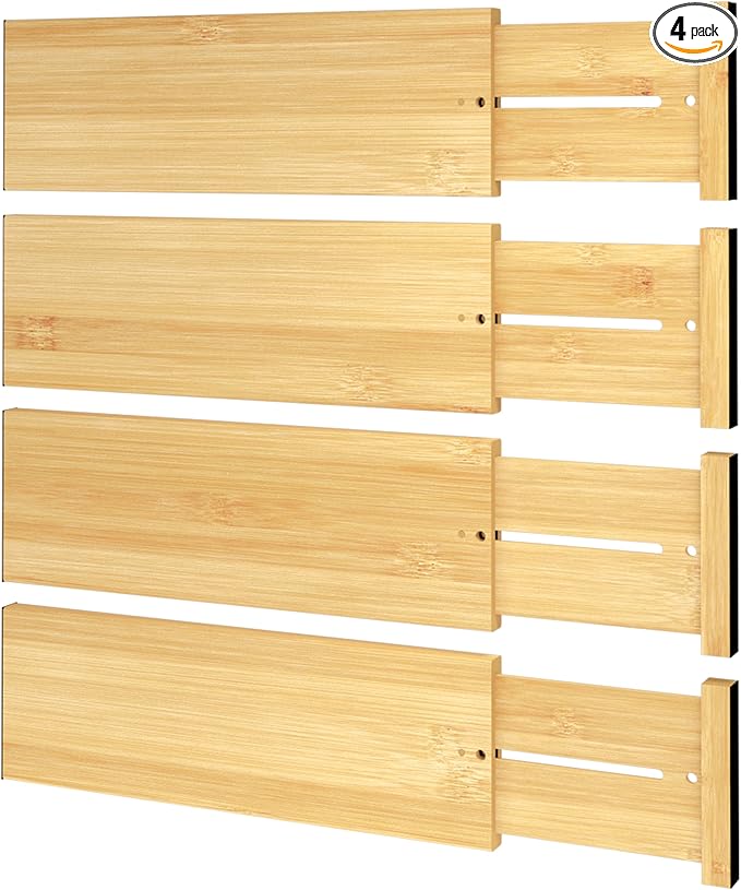 BAMEOS 4 PCS Bamboo Drawer Divider Adjustable Drawer Dividers Kitchen Drawer Organization Utensil Organizers for Kitchen Dresser Bathroom Bedroom and Office-NeatNest