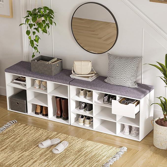 DINZI LVJ Shoe Storage Bench with Cushion, Cubby Shoe Rack with 9 Cubbies, Adjustable Shelves, Multifunctional Shoe Organizer Bench for Entryway, Mudroom, Hallway, Closet and Garage, White-NeatNest